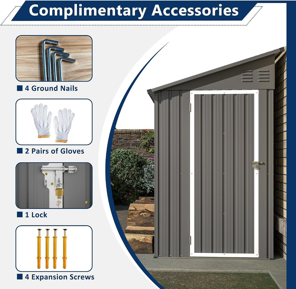 4×8 Ft Outdoor Storage Shed, Metal Lean to Storage Shed for Backyard, Patio, Garden, Gray