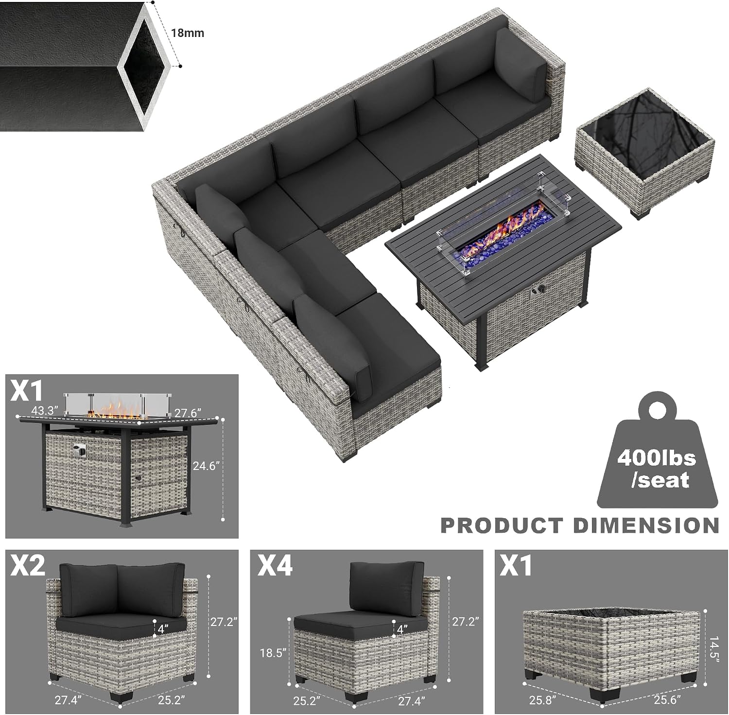 8-Piece Modern Patio Conversation Set with 55,000 BTU Fire Pit Table, Thick Cushions, Upgraded Rattan, Reinforced Frame