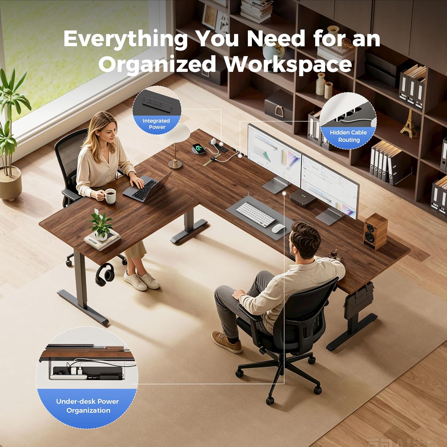 Agilestic Electric L Shaped Standing Desk 75 x 61 Inch with Power Outlet, Height Adjustable Corner Stand up Desk with Cable Management,Sit Stand Home Office Workstation with Splice Board, Dark Walnut