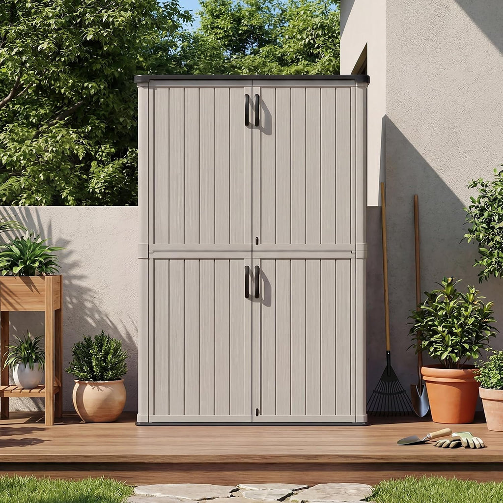Patiowell 50 cu.ft Plastic Outdoor Storage Shed, Lockable Waterproof Resin Storage Cabinet Vertical Storage Shed for Garden Tools, Garbage Cans, Pool Supplies, Beige(Not Include Shelves)