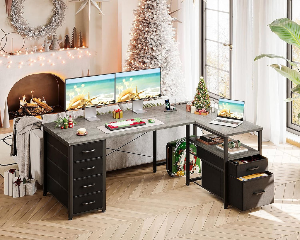 Coleshome L Shaped Computer Desk with 6 Drawers & Power Outlet, 55 Inch Corner Desk with Reversible Storage Shelf & File Drawer, Home Office Desk, Grey Oak