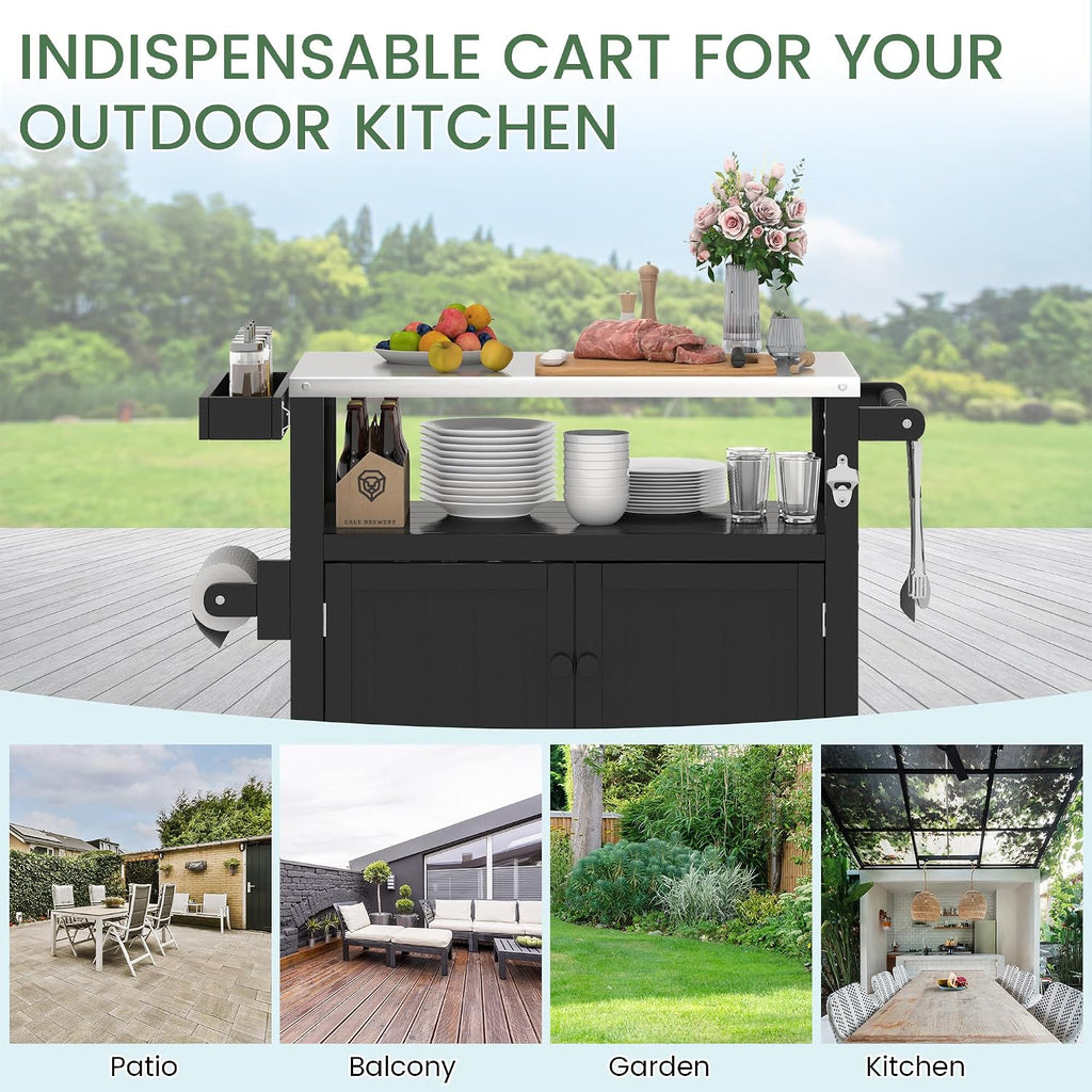 Weatherproof HIPS Outdoor Kitchen Island with Stainless Steel Top & Storage Cabinet, Movable Prep Table with Wheels for BBQ Food Prep, Outdoor Grill Cart for Parties, Black