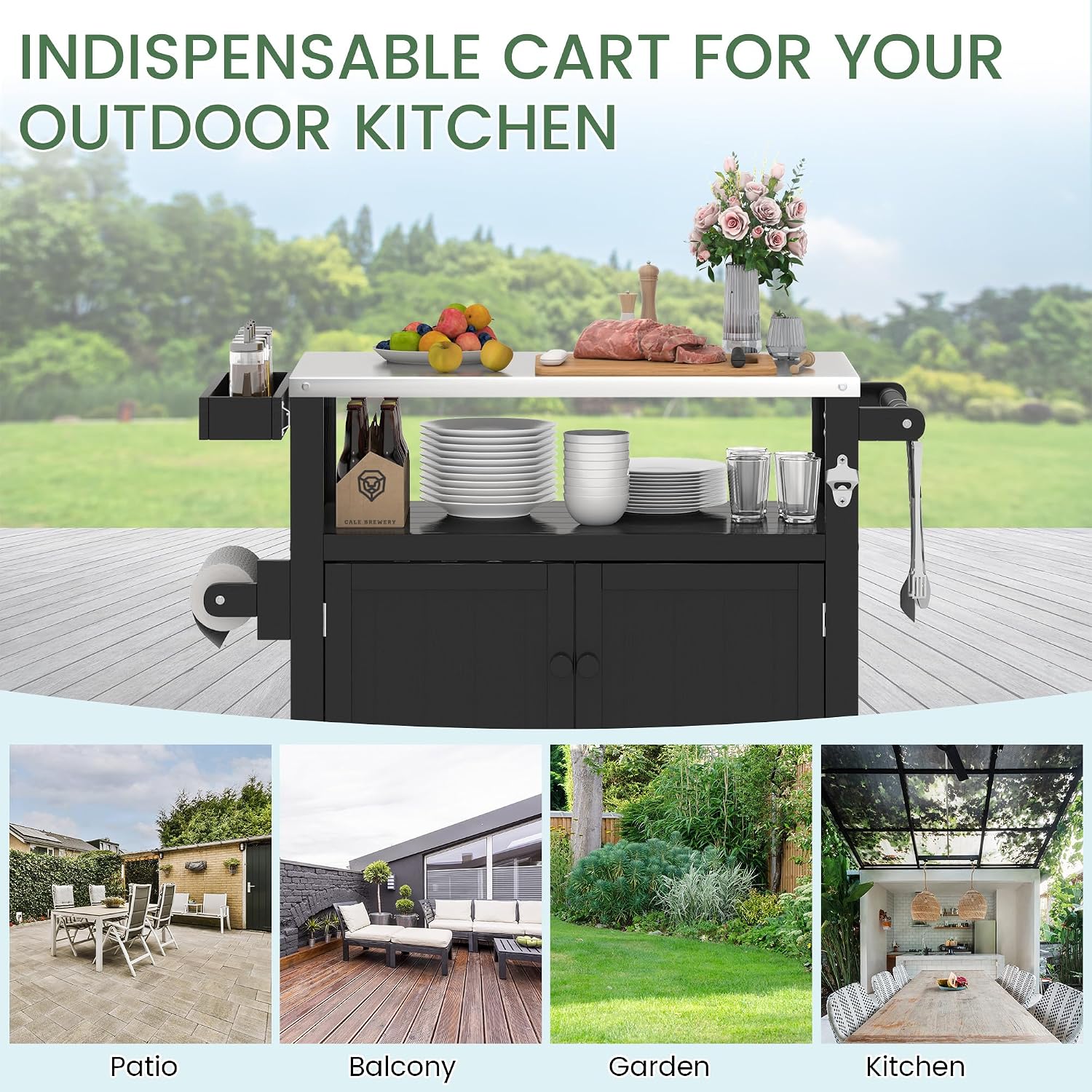 Weatherproof HIPS Outdoor Kitchen Island with Stainless Steel Top & Storage Cabinet, Movable Prep Table with Wheels for BBQ Food Prep, Outdoor Grill Cart for Parties, Black