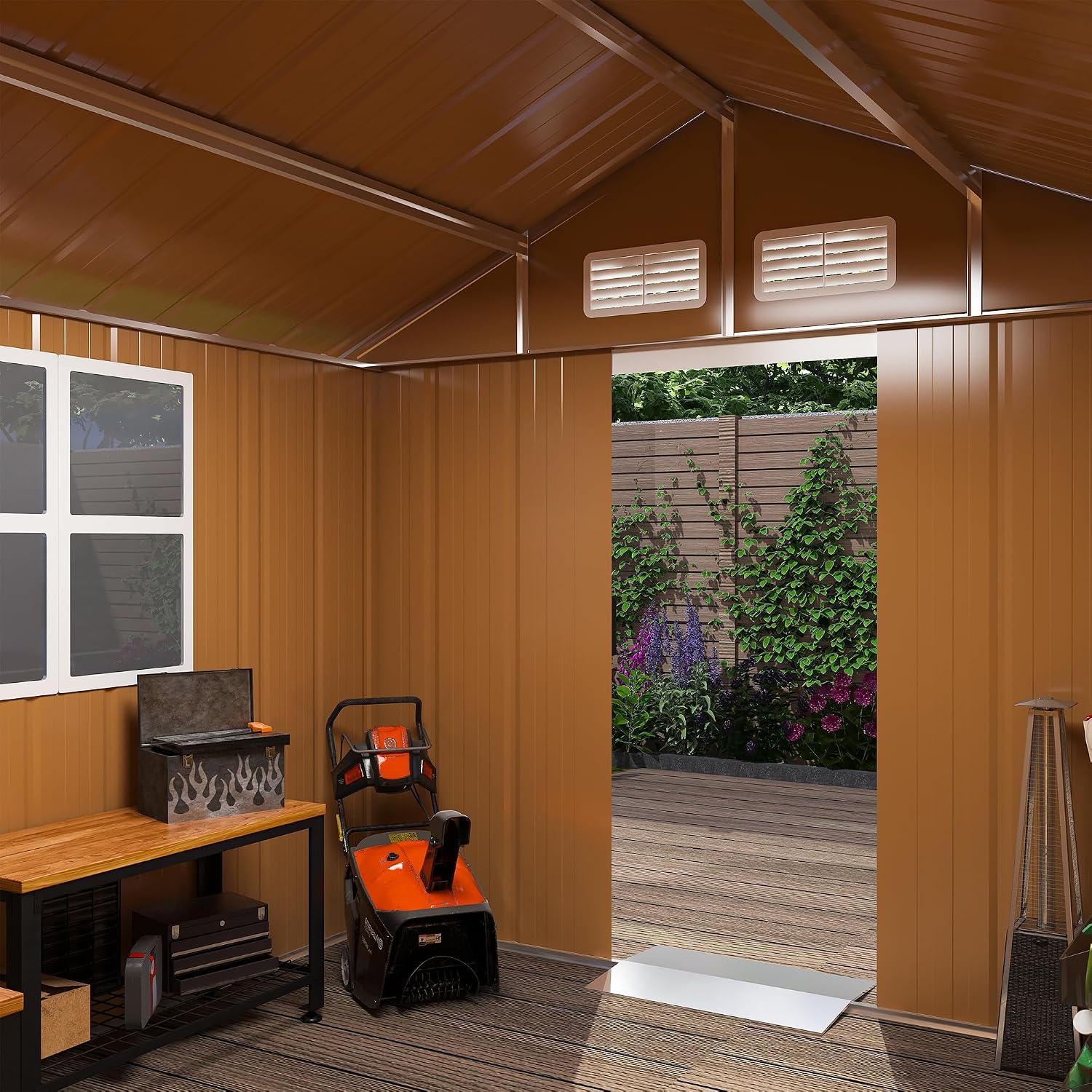 YOPTO 6X4 FT Heavy-Duty Metal Storage Shed with Windows,Waterproof Sheds & Outdoor Storage w/Rolling Door Lockable Door & Ventilation,Tool Organization,Sloped Roof,4-Season Ready,Brown