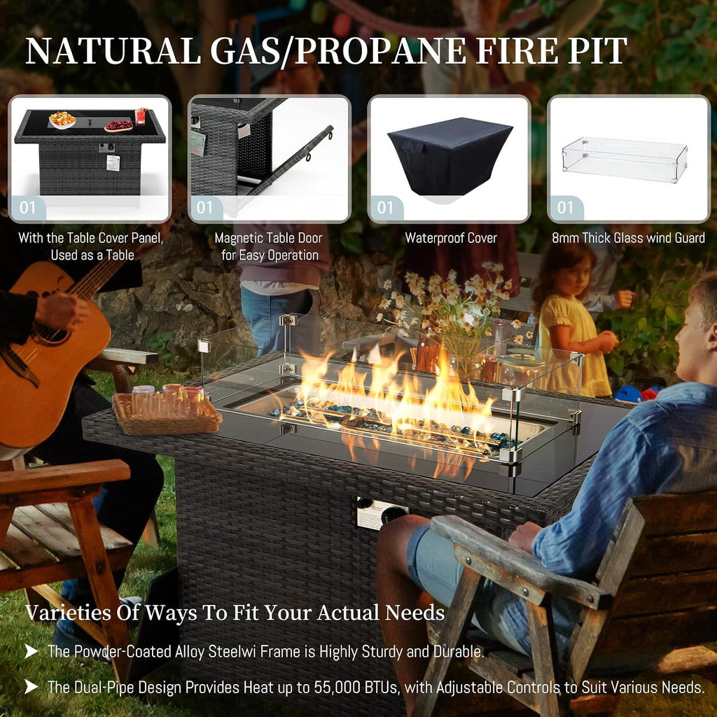RADIATA 7Pcs Outdoor Patio Furniture Set with Fire Pit, Modern Comfortable Outside Sectional Couch High Back Oversized Wide Deep 6-Seats, Modular All-Weather Heavy Duty Wicker Sofa Set, Grey&Black