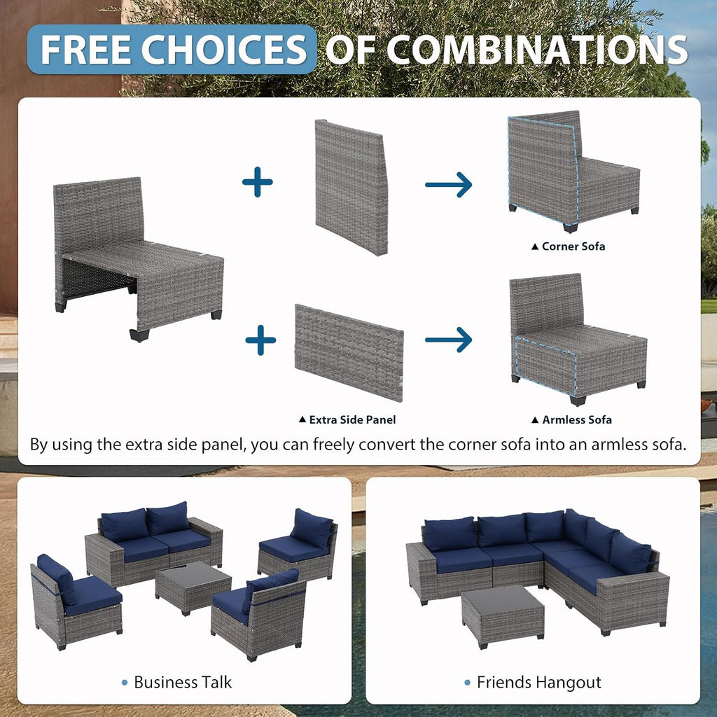 JOIVI 6 Pieces Outdoor Patio Furniture Set, Rattan Patio Sectional Sofa Conversation Set with Coffee Table, PE Wicker L-Shaped Sofa Set with Cushions for Garden, Backyard, Deck, Navy Blue