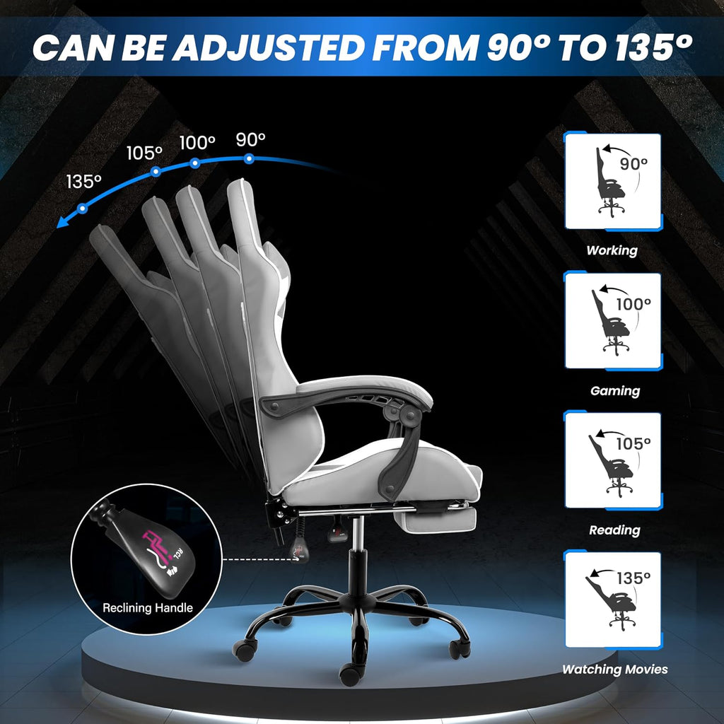 YSSOA Gaming Chair, Computer Chair with Footrest, Height Adjustable & 90°-135° Tilt Function, Swivel Recliner Ergonomic Racing Style Video Game Chair with Lumbar Support (Grey/White)