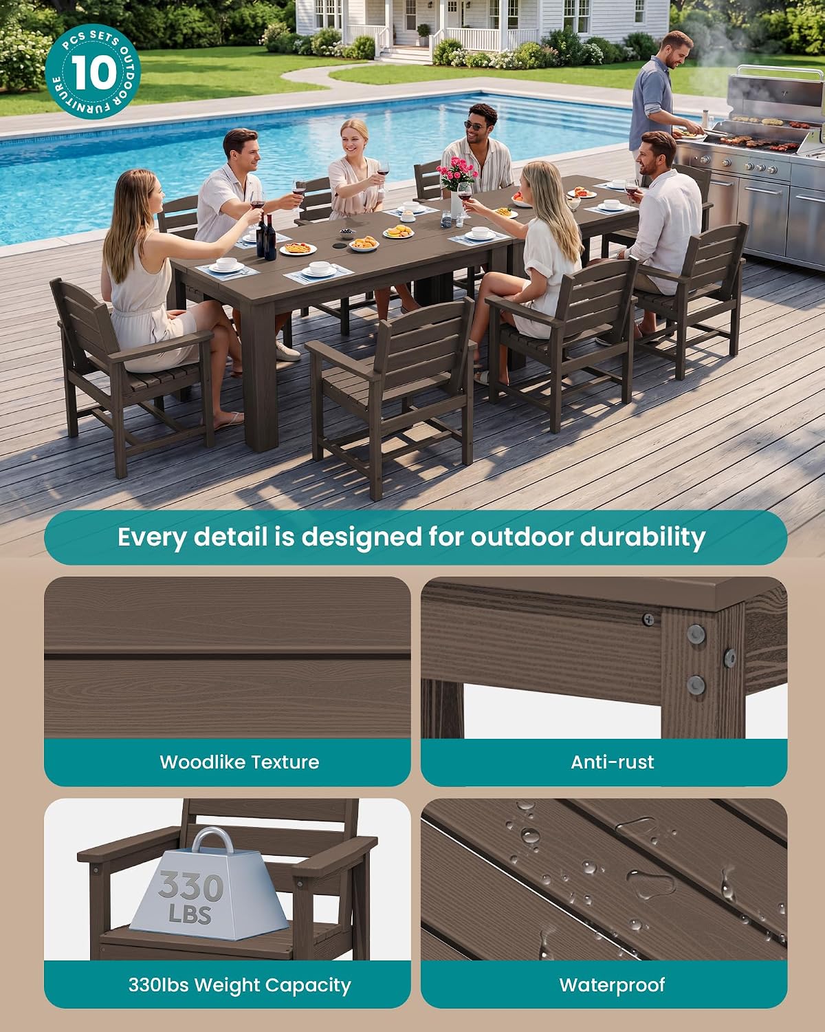 SERWALL Patio Dining Sets for 8, Outdoor Dining Sets for 8 Person with 2 Umbrella Hole Cut-Out Rectangular Tables and 8 Chairs, HDPE Dining Sets for Garden, Backyard, Poolside, Coffee