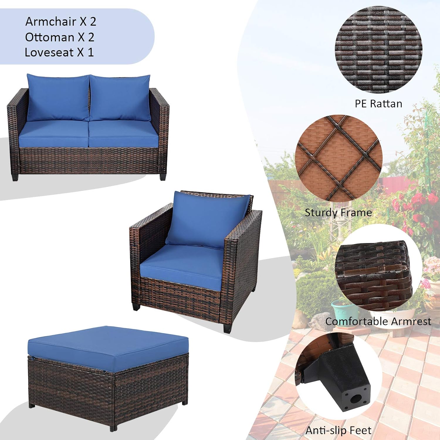 Tangkula 5 Pieces Rattan Patio Furniture Set, Outdoor Sectional Wicker Sofa Set with Loveseat, 2 Single Sofas, 2 Ottomans & Removable Cushions, Outside Daybed Sofa for Yard, Garden, Poolside (Navy)