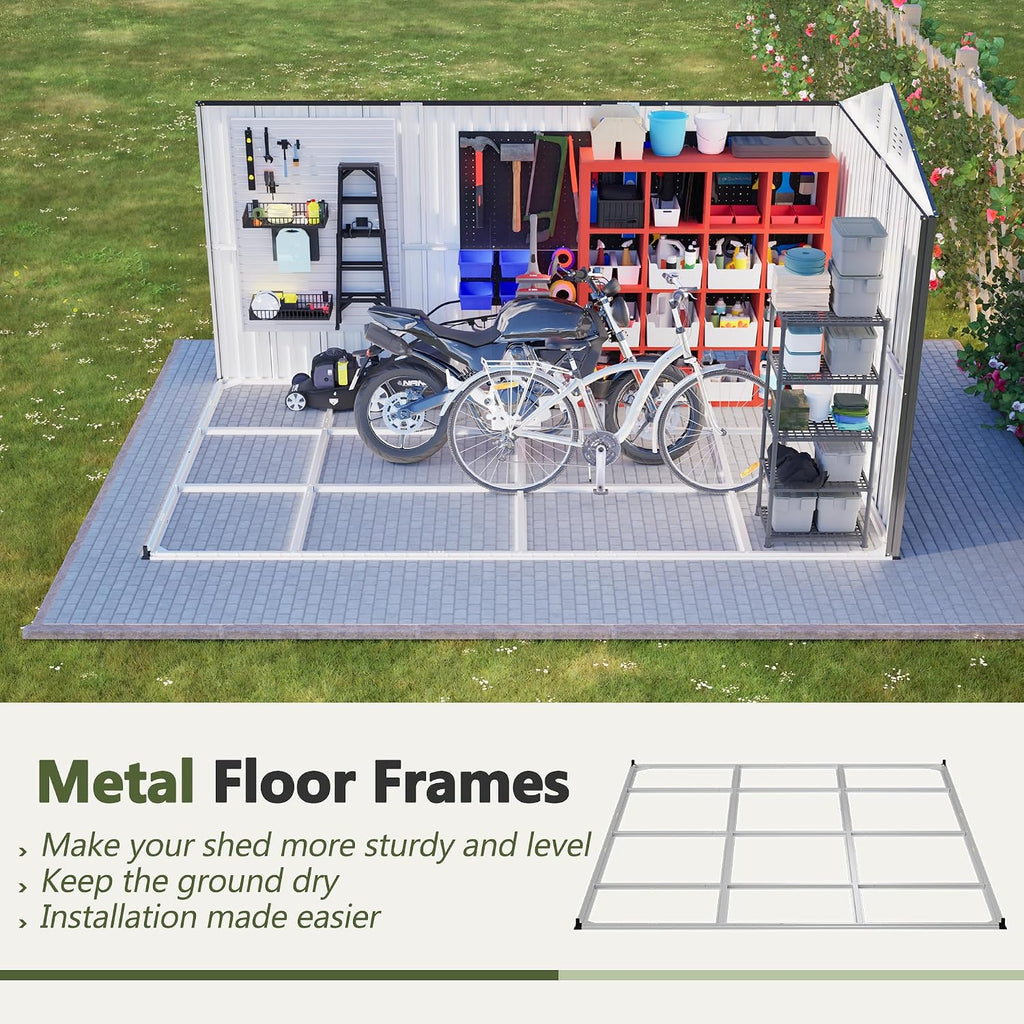 8 * 12 FT Outdoor Storage Shed with Floor Frame Heavy-Duty Metal Sheds & Outdoor Storage with Vents, Sloping Roof and Lockable Doors Waterproof Garden Tool Shed for Backyard Patio Lawn, Grey