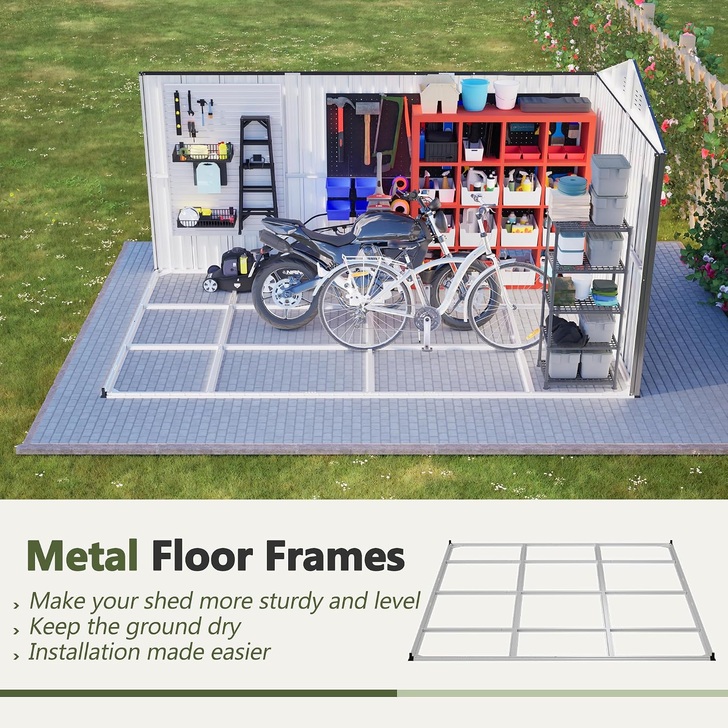 8 * 12 FT Outdoor Storage Shed with Floor Frame Heavy-Duty Metal Sheds & Outdoor Storage with Vents, Sloping Roof and Lockable Doors Waterproof Garden Tool Shed for Backyard Patio Lawn, Grey