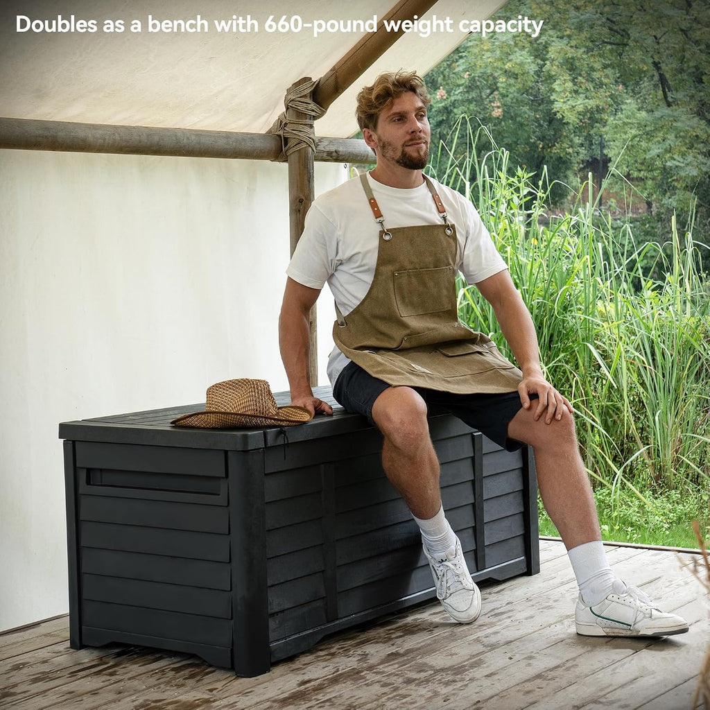 DWVO 150 Gallon Large Deck Box Waterproof Outdoor Storage Box, Extra Large Storage Bin, Resin Louvered Patio Storage for Indoor Pillows, Garden Tools & Pool Supplies, Lockable, Black