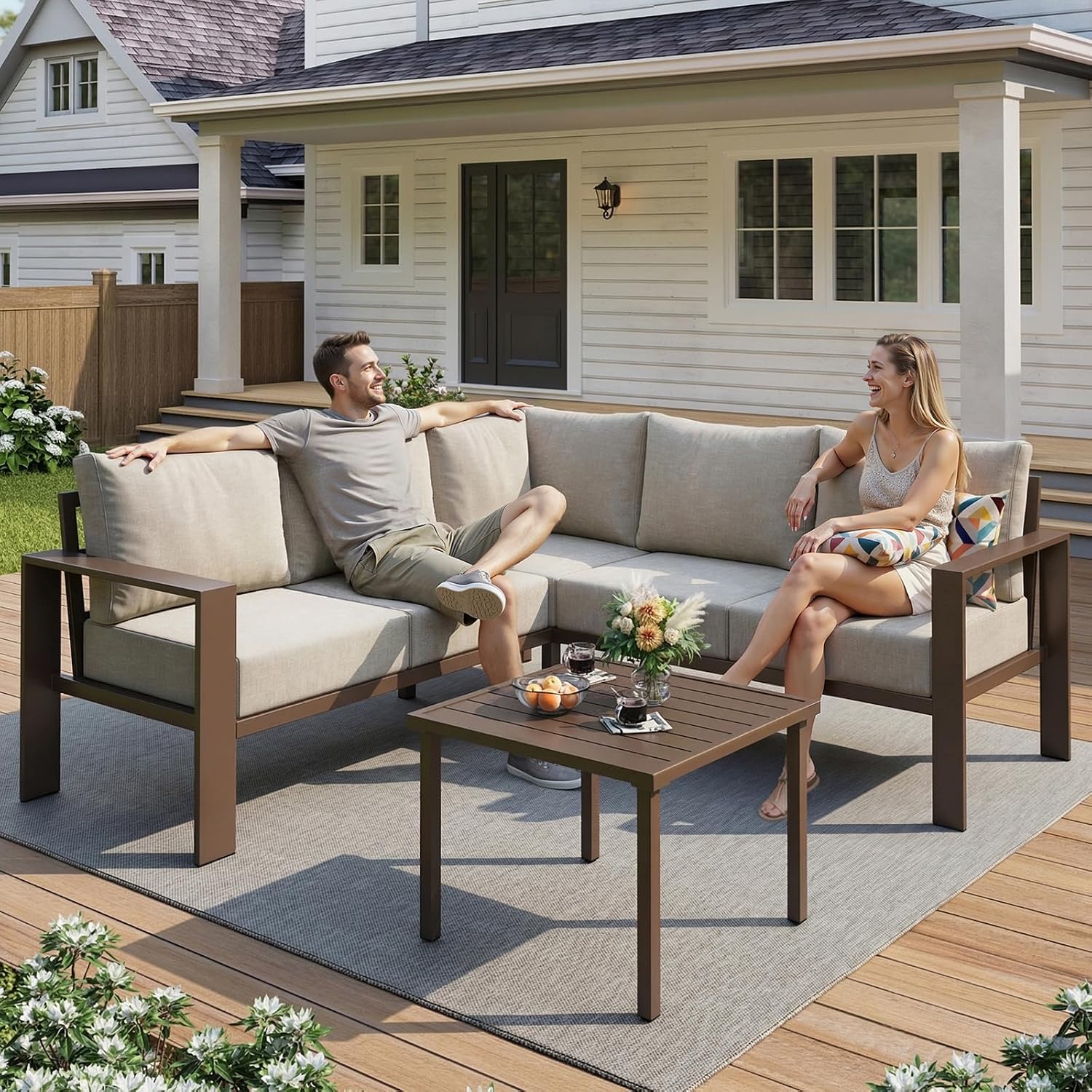 UDPATIO 6 Piece Patio Furniture Set, Metal Outdoor Sectional Sofa with 6' Thick Olefin Cushions, Wide Armrest & Coffee Table, L Shaped Outdoor Furniture for Garden, Backyard Beige