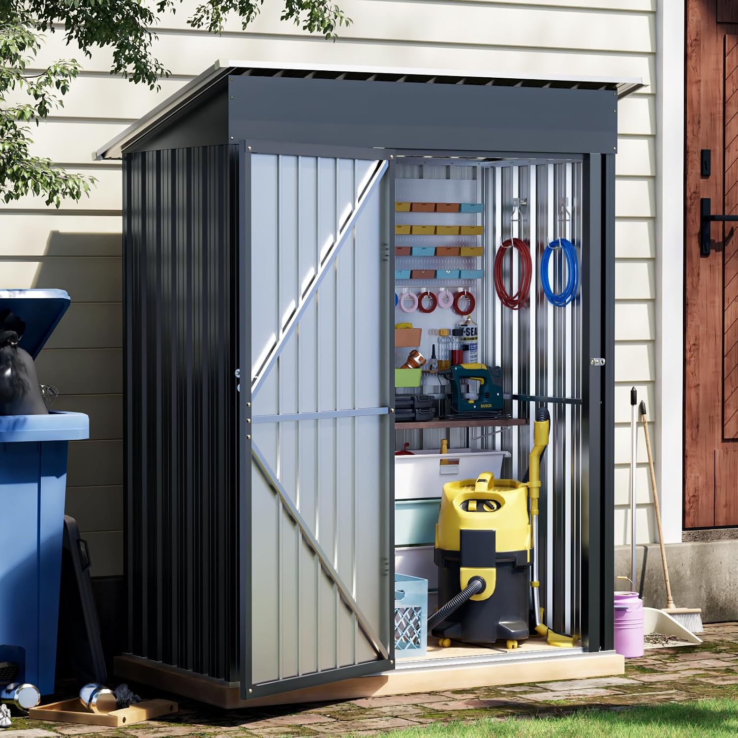 3x5 FT Outdoor Metal Storage Shed with Floor Frame, Single Door, 1 Clear Window, Tool Shed for Garden, Patio, Backyard