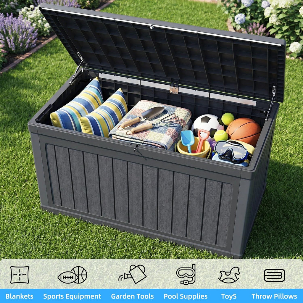 270 Gallon Deck Box, Resin Outdoor Waterproof Storage Box, Lockable Storage Box With Handle for Patio Furniture - Garden Tools - Swimming Pool Tools UV Resistant, Black