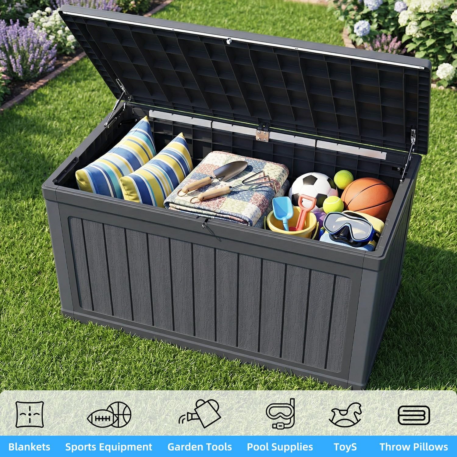 270 Gallon Deck Box, Resin Outdoor Waterproof Storage Box, Lockable Storage Box With Handle for Patio Furniture - Garden Tools - Swimming Pool Tools UV Resistant, Black
