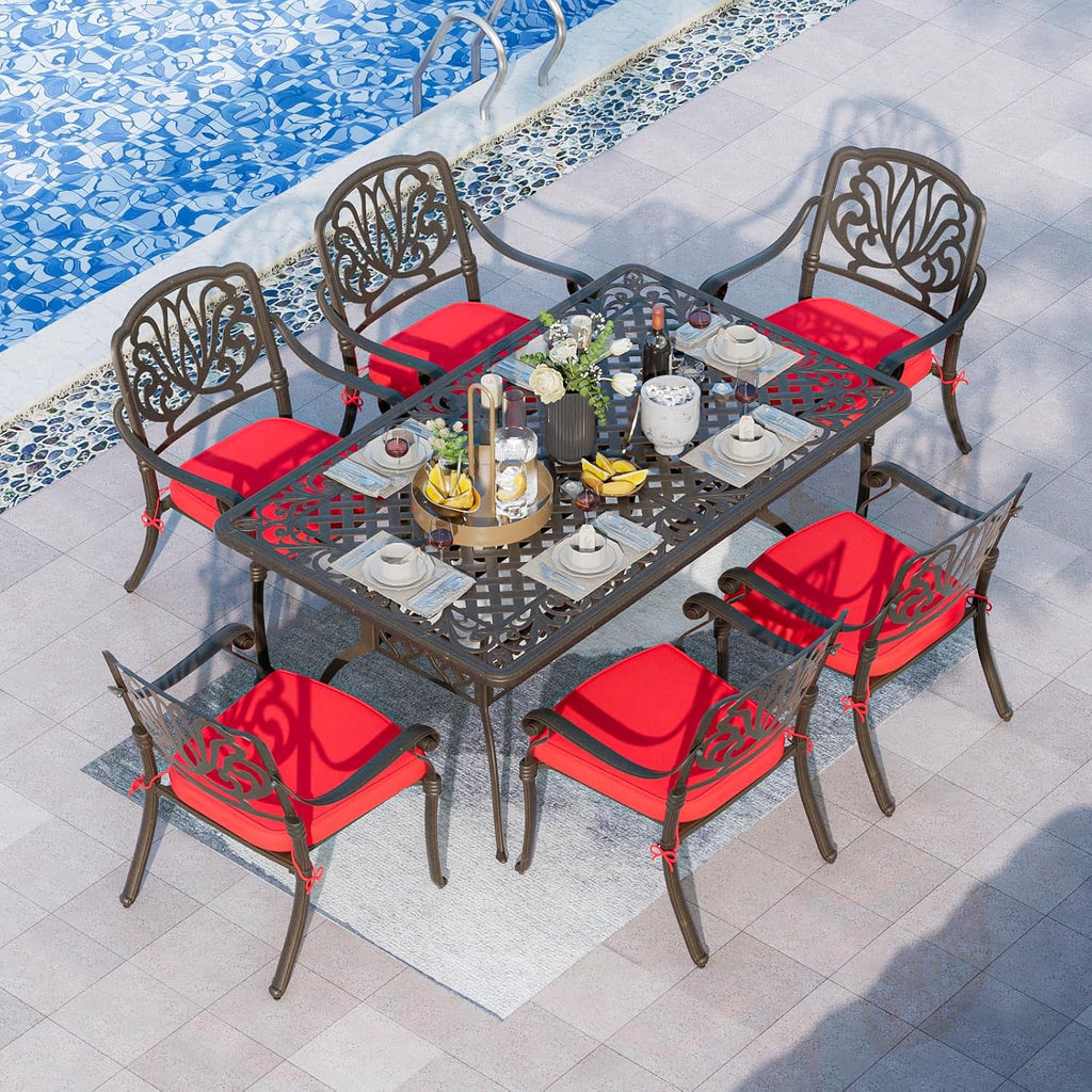 Grepatio 7 Piece Patio Dining Set Outdoor Dining Set Cast Aluminum Furniture Set with 6 Dining Chairs with Cushion and Dining Table for Backyard Garden Deck Poolside (Red)