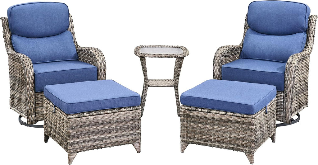 Luxury High Back Outdoor Furniture with 6-Inch Thick Cushions, Patio Furniture Set with Ottomans, 5 PCS Wicker Conversation Set for Porch, Balcony, Deck and Yard
