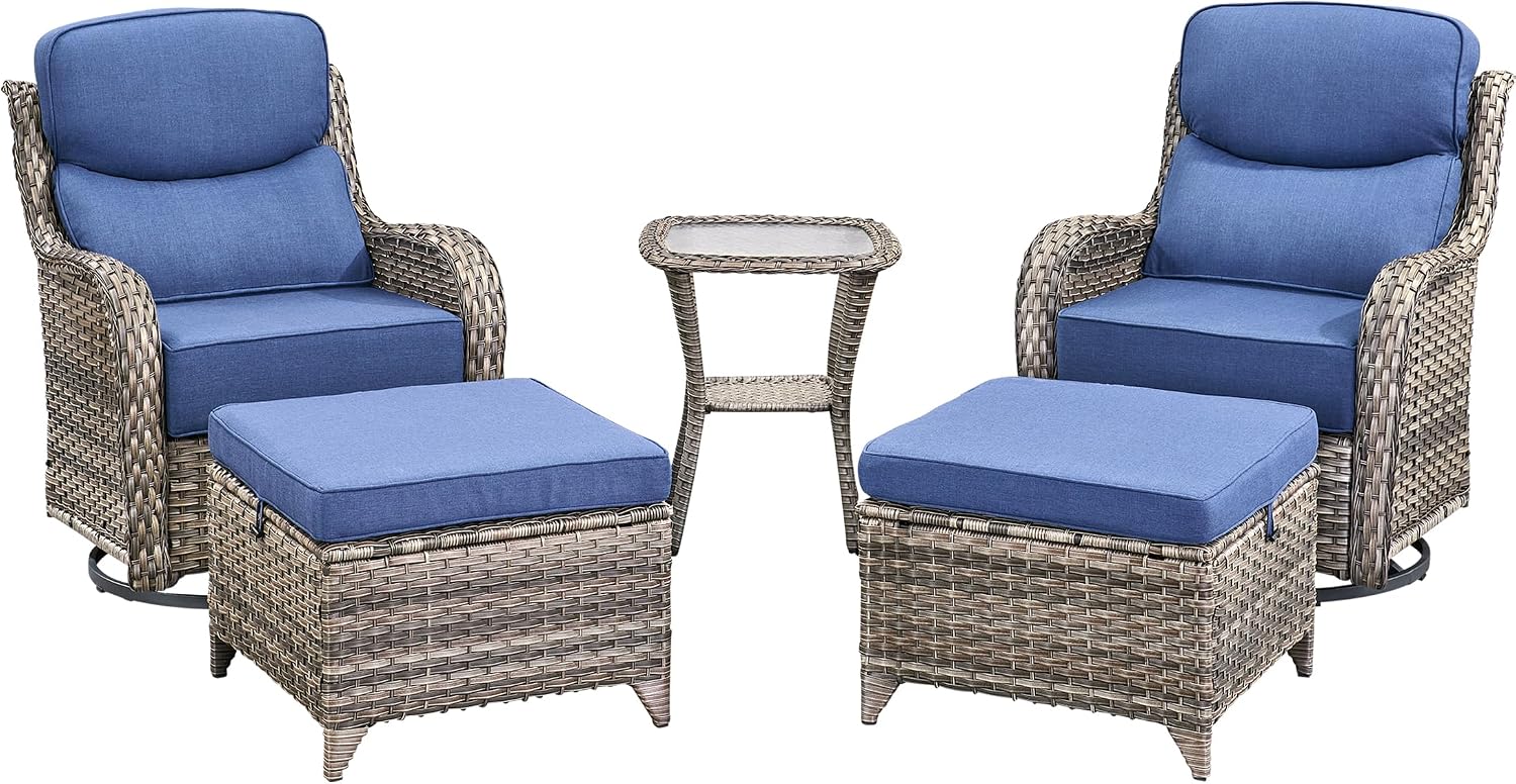 Luxury High Back Outdoor Furniture with 6-Inch Thick Cushions, Patio Furniture Set with Ottomans, 5 PCS Wicker Conversation Set for Porch, Balcony, Deck and Yard