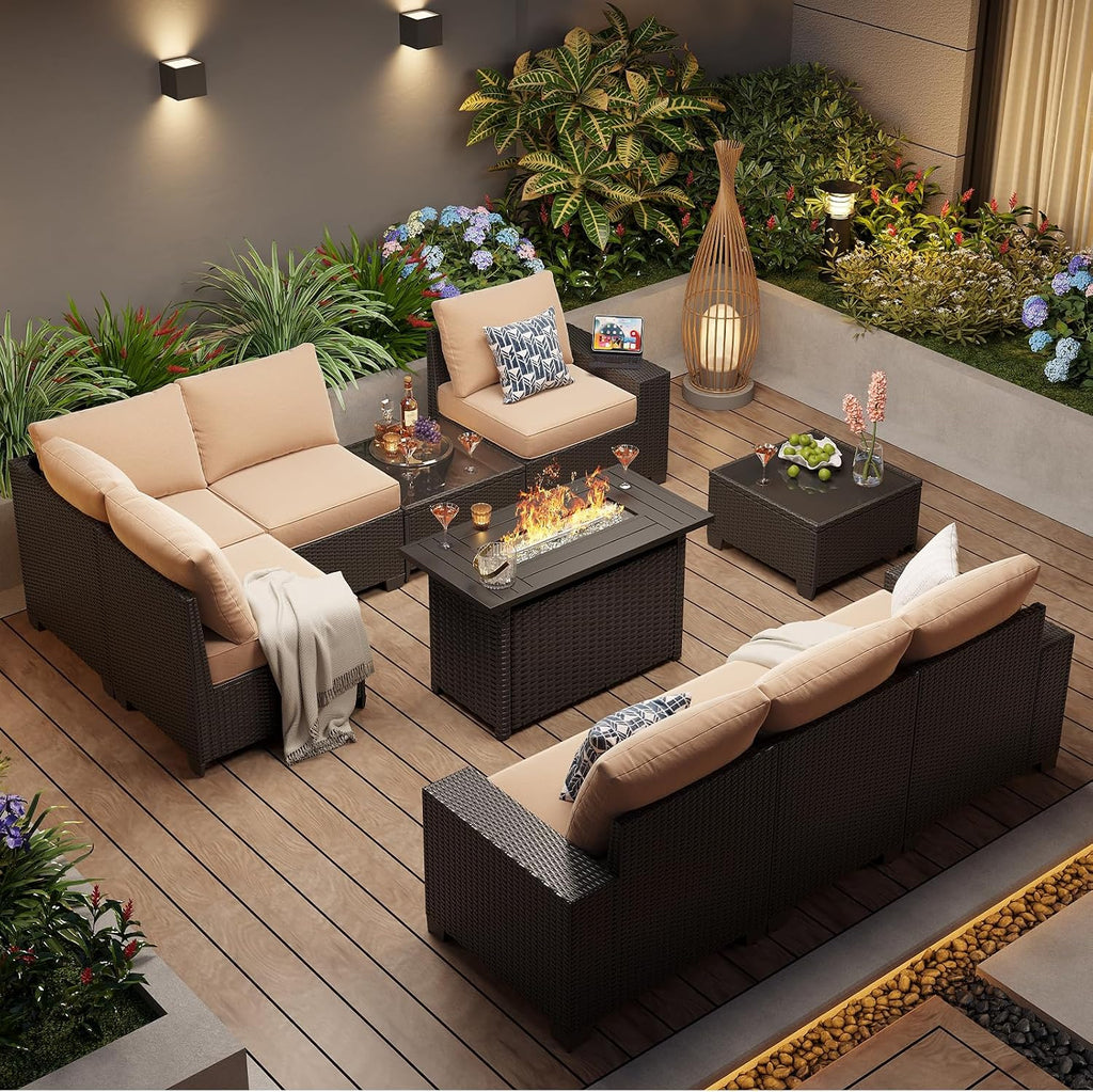 Aoxun Patio Furniture Sets with 44'' Fire Pit, 10 Pcs Outdoor Patio Coversation Set with 4'' Thicken Cushion and Coffee Table, Widen Armrests Wicker Outdoor Sectional for Backyard & Garden, Beige
