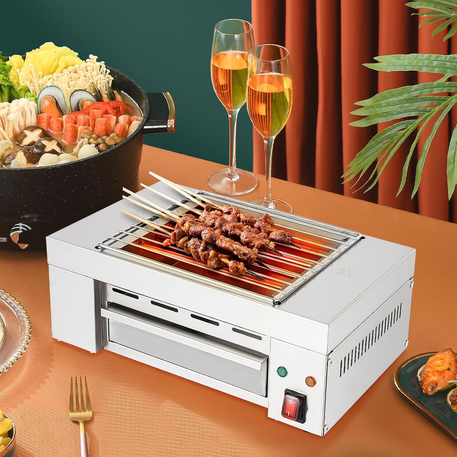 Electric Indoor Grill, 1500W Stainless Steel Commercial Countertop Grill with Removable Griddle Plates for Barbecue Party Buffet, 32-446℉ Temperature, L17.3*W10.2*H6.5in