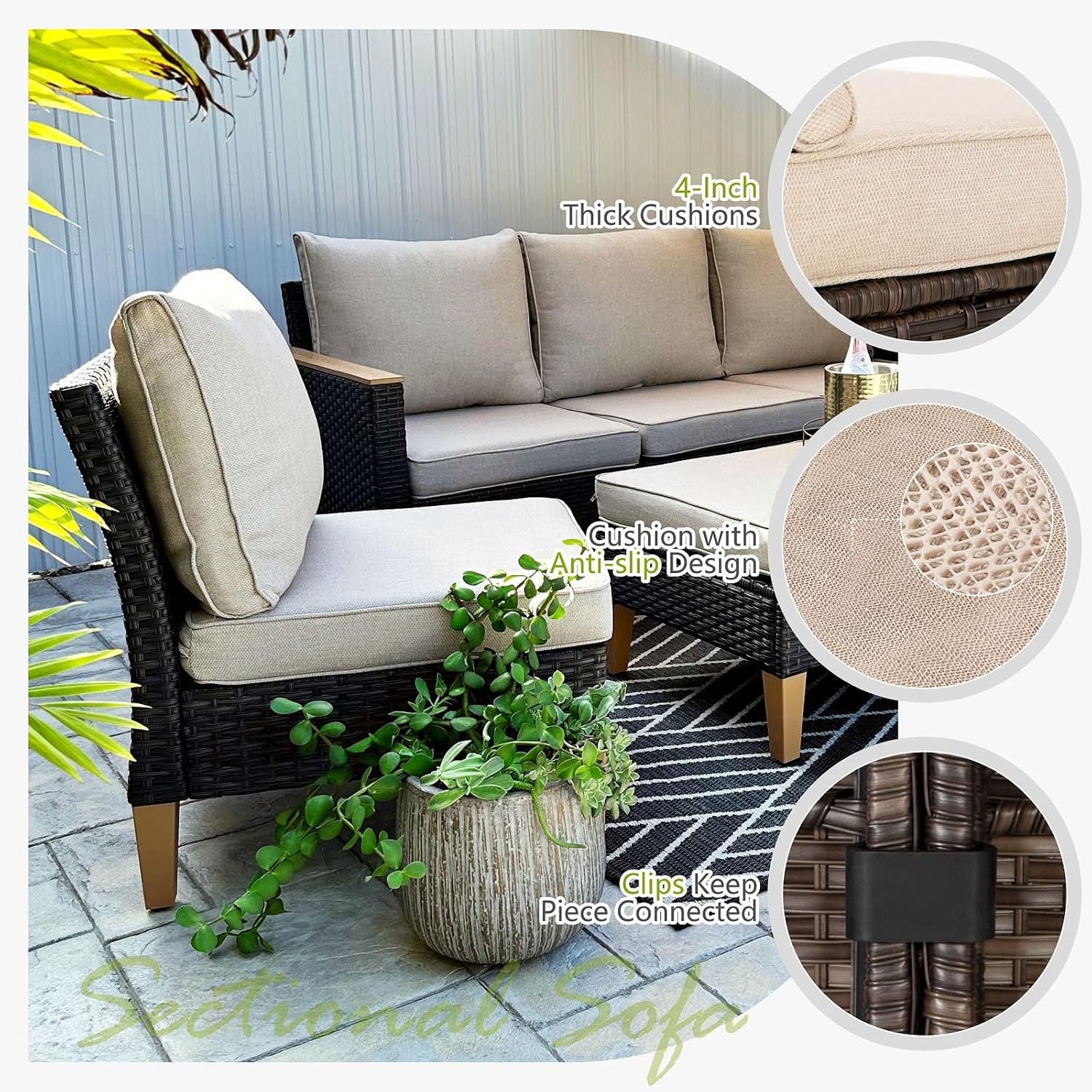 Sophia & William Outdoor Patio Furniture Set with Fire Pit Table Large & High Back 9PCS Wicker Patio Sectional Sofa Conversation Set with 56' Fire Table, Ottoman & 4' Thick Cushions,Beige
