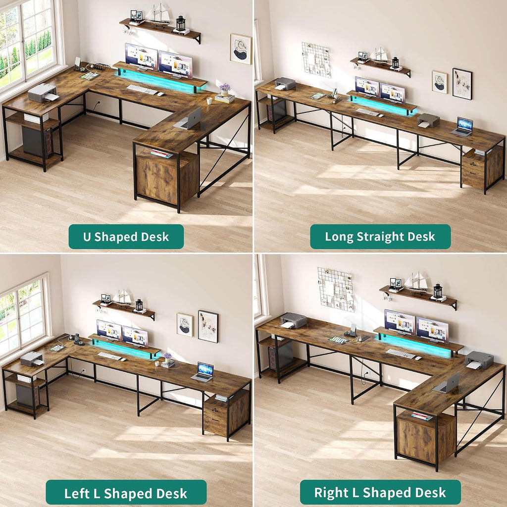 YITAHOME U Shaped Desk with Power Outlets & LED Lights, 79' Reversible L Shaped Desk with Drawers, Corner Computer Desk Office Desk with Monitor Stand & Storage Shelves, Rustic Brown