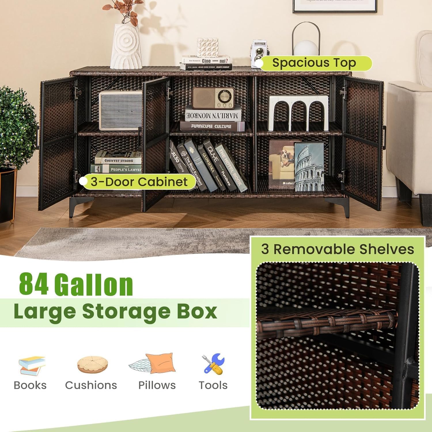 RELAX4LIFE 84-Gallon Outdoor Storage Box - Wicker Rattan 3-Door Patio Storage Cabinet Container w/Removable Shelves for Cushions, Garden Tools, Pool & Sports Equipment, Indoor Outdoor Deck Box (Brown)