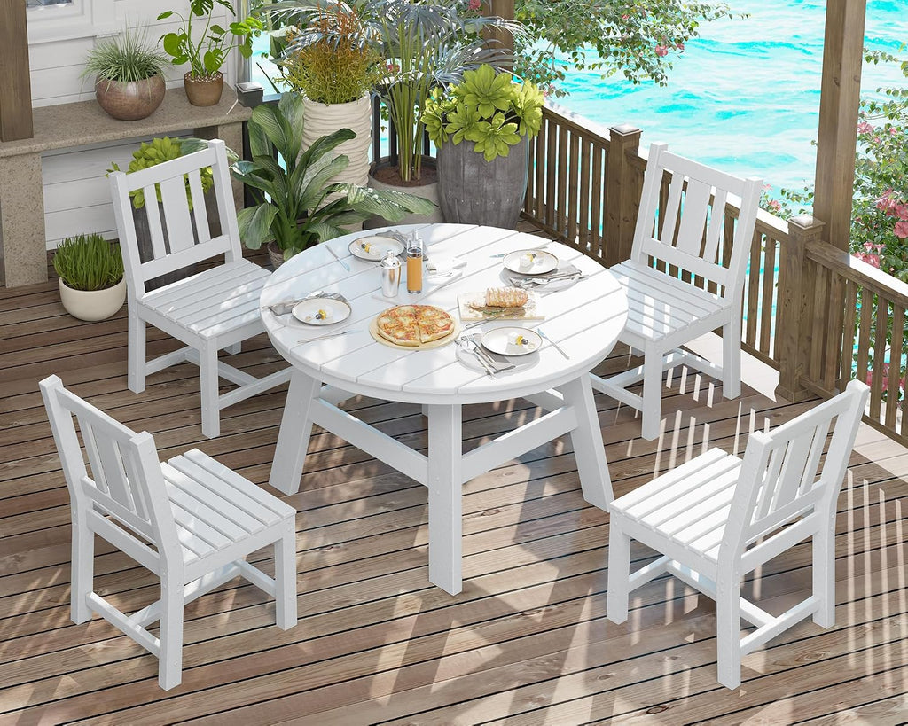 AMERLIFE 5 Piece HDPE Patio Dining Table Set, All-Weather Outdoor Table and Chairs Set Furniture with Umbrella Hole for Garden, Backyard, Poolside, Seaside, White