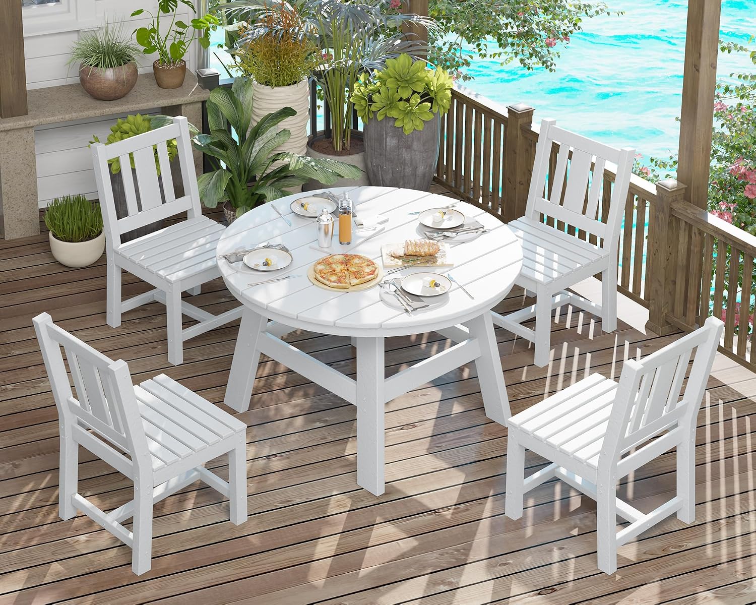 AMERLIFE 5 Piece HDPE Patio Dining Table Set, All-Weather Outdoor Table and Chairs Set Furniture with Umbrella Hole for Garden, Backyard, Poolside, Seaside, White