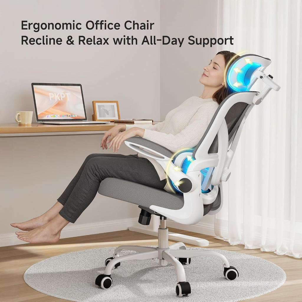 Ergonomic Office Chair, 330LBS Desk Chair with 3-Level Lumbar Support & Headrest, Breathable Mesh Backrest, Flip-Up Armrests for Home Office and Gaming, White
