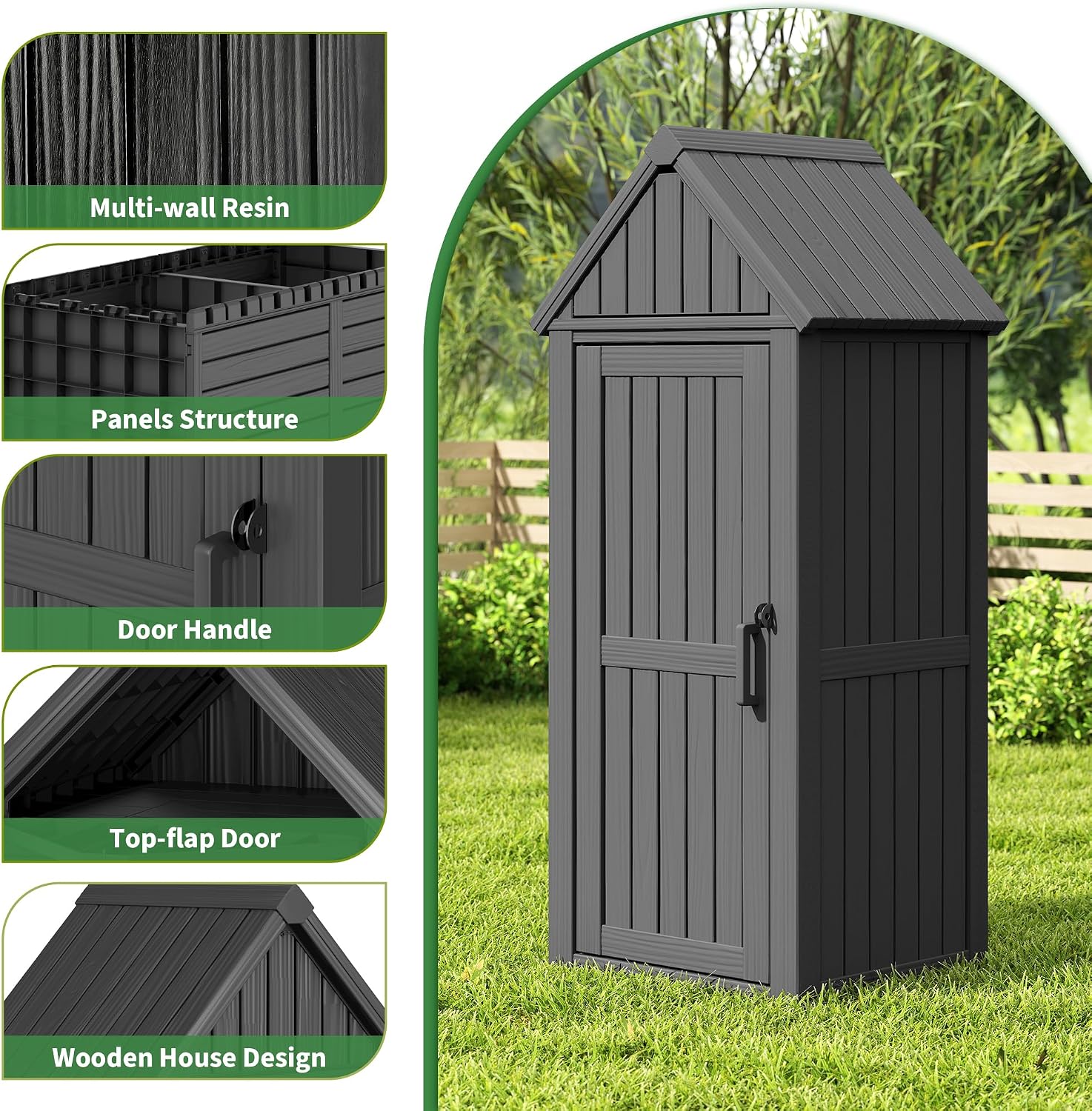 LHBGO Outdoor Storage Shed with Door & Shelf, Large Capacity Weatherproof Garden Tool Cabinet with Multiple Hooks for Backyard, Patio, Lawn（Black