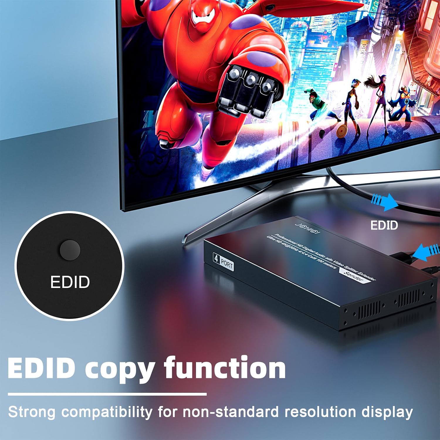 HDMI Extender Splitter 1 x 4, JCHICI 4K@30Hz 100M(328fts) HDMI Splitter with Loopout and EDID Copy Function, Lossless Transmission and Zero Latency, Support 3D