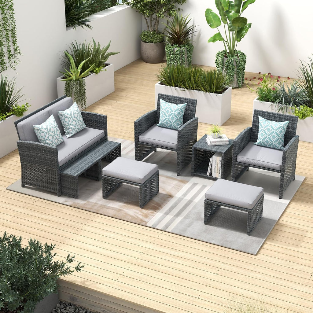 OC Orange-Casual Patio Furniture Sets,8 Pieces Conversation Set, Outdoor Wicker Bistro Set, All Weather Sectional Loveseat Chairs with Ottoman & Coffee Table, Grey Rattan with Light Grey Cushion