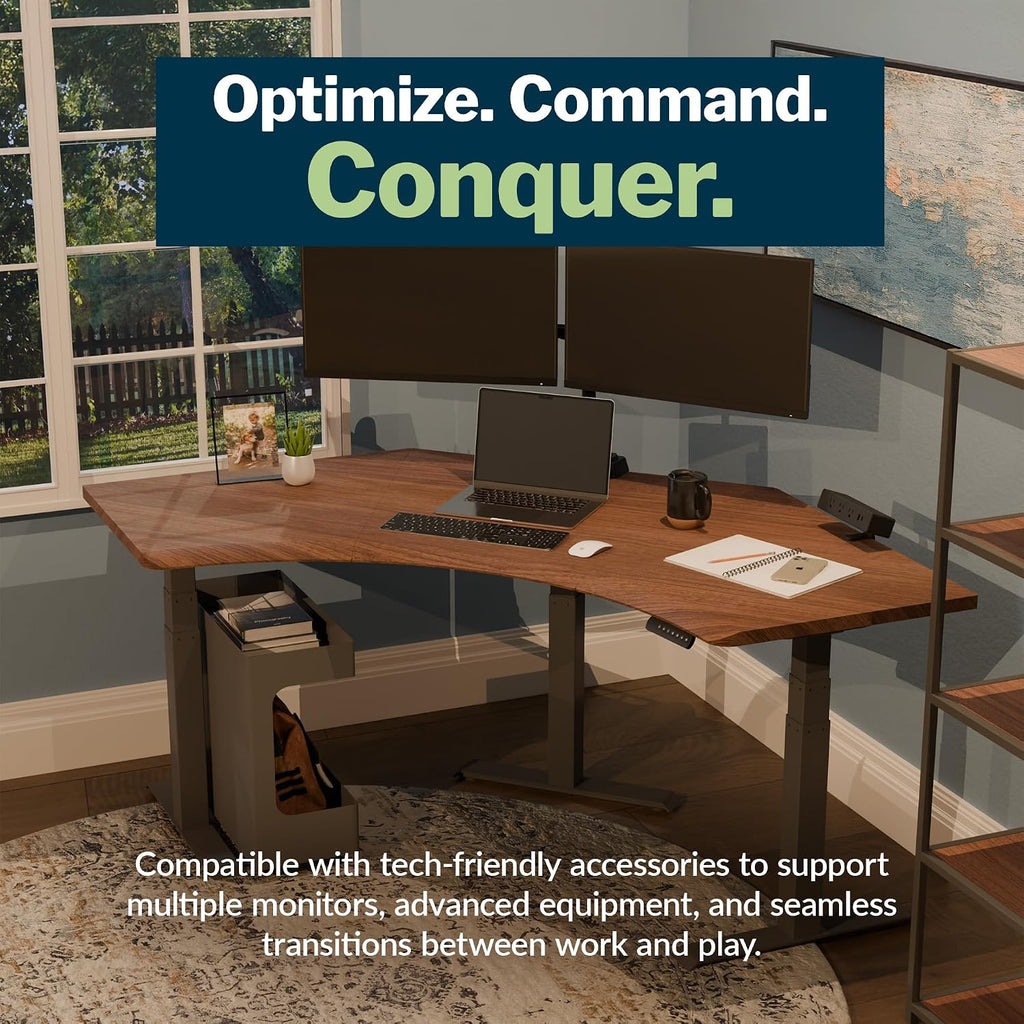 Vari Command Center Electric Standing Desk – 120° Curved Sit-Stand Gaming Desk Corner Workstation for Triple Monitors + Sloped Front Edge, 4 Height Settings, 200 lb Capacity (Walnut Top/Slate Legs)