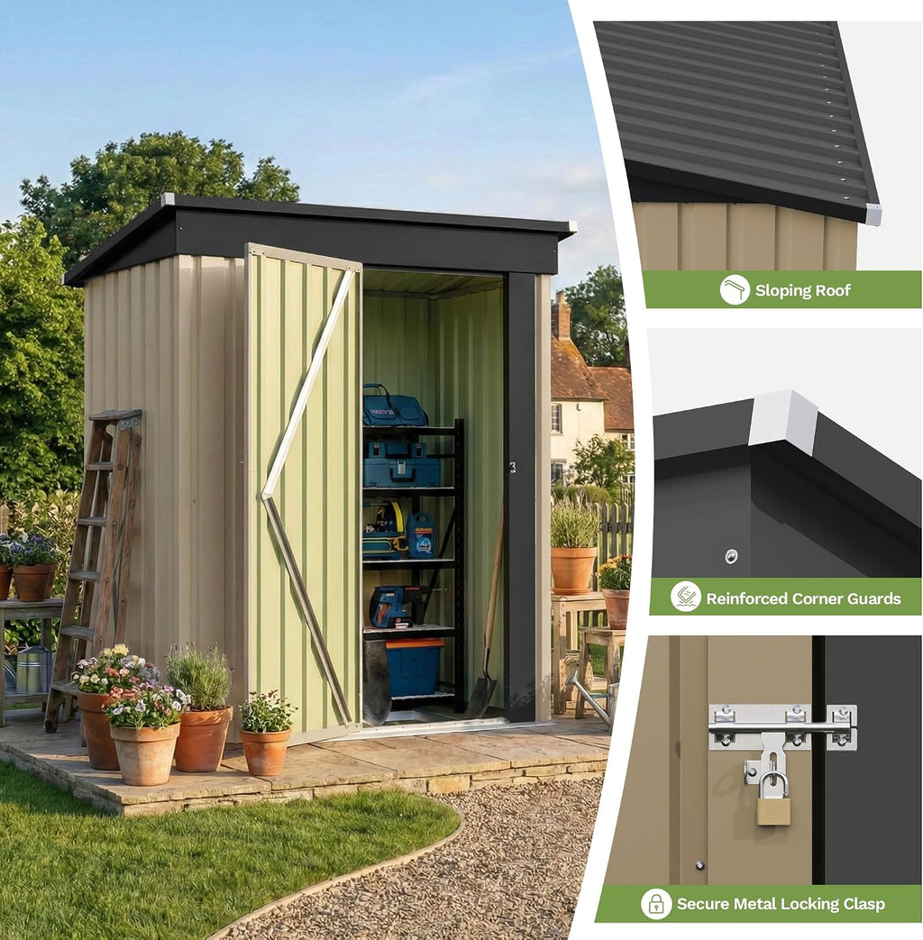 Devoko 5 x 3 FT Storage Sheds with Floor Frame, Waterproof Garden Tool Shed with Lockable Door, Outdoor Metal Small Shed for Backyard Patio Lawn, Brown