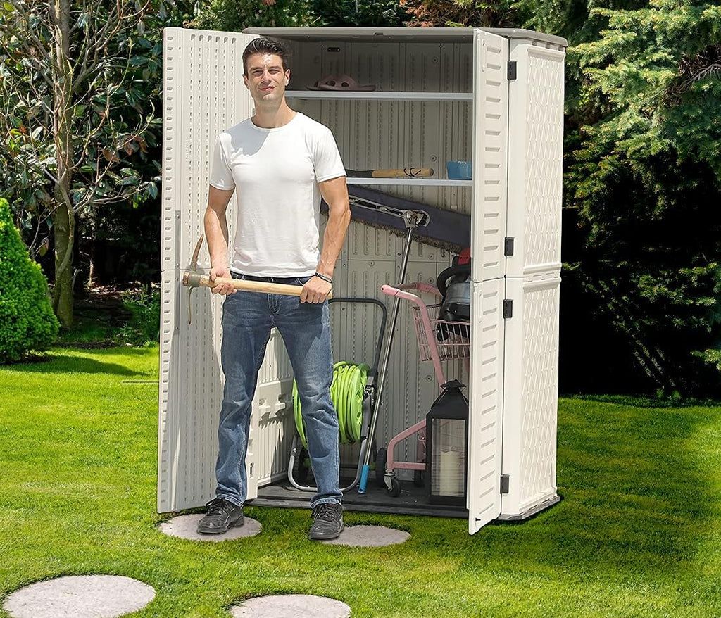 Kinying Outdoor Storage Cabinet, Vertical Storage Shed Perfect to Store Patio Furniture, Garden Tools Accessories,Bike,Beach Chairs and Lawn Mower, 4x2.5 Feet off-white-02B