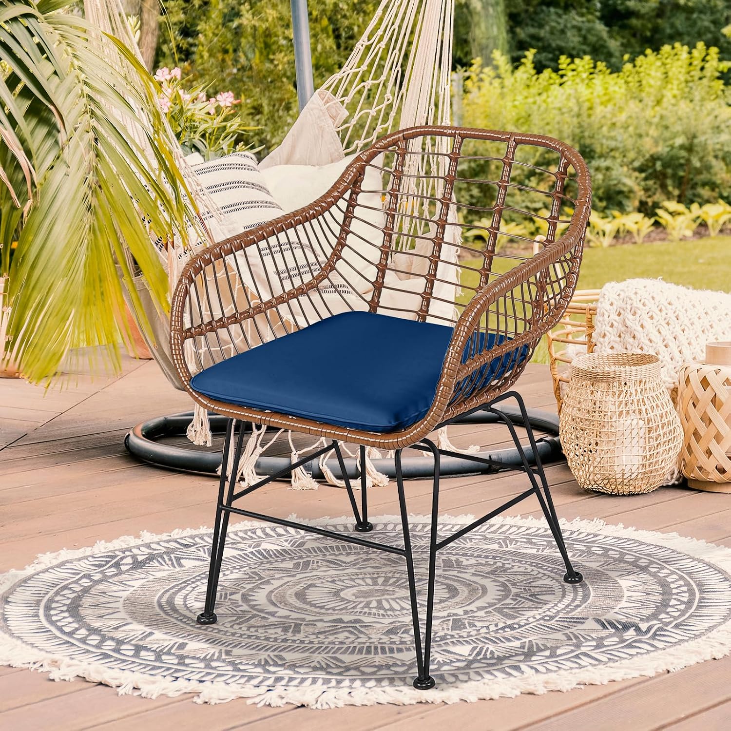 COSTWAY 3 Pieces Patio Bistro Set, Outdoor Rattan Conversation Seating Chair Set with Coffee Table & Soft Cushions, Indoor Wicker Furniture Set for Garden, Balcony, Porch, Pool, Navy