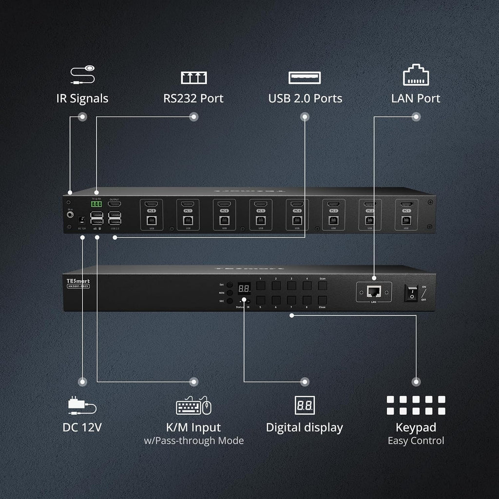 TESmart 8X1 HDMI KVM Switch 8 Port 4K@30Hz, USB2.0 Rackmount KVM Enterprise-Grade EDID Emulator | Hotkey Switch | RS232 | LAN Port | IR Remote | IP Control | Auto Scan | with 8 Pcs 5ft KVM Cable
