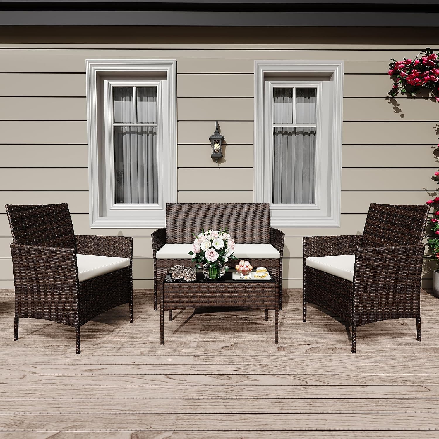 GarveeLife 4-Piece Patio Furniture Set, Rattan Outdoor Furniture with Upholstered Sofa, 2 Chairs & Coffee Table, Modern Conversation Bistro Set for Garden Backyard Porch (Brown and Beige)