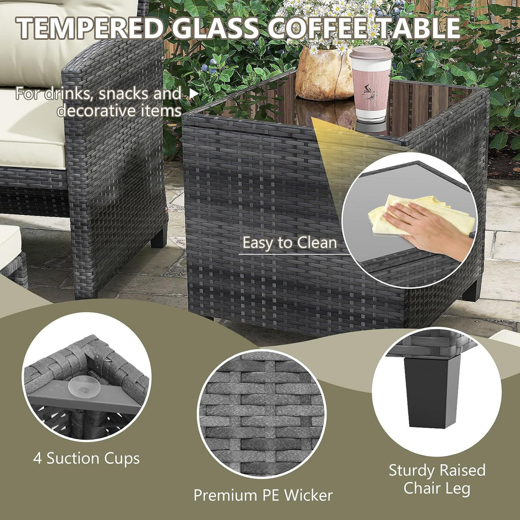 ORALNER 5 Pieces Patio Furniture Set with Ottoman, Wicker Conversation Set w/Cushions, Glass Coffee Table, Outdoor Lounger Rattan Chairs Bistro Set for Porch Balcony Garden Deck Poolside (White)
