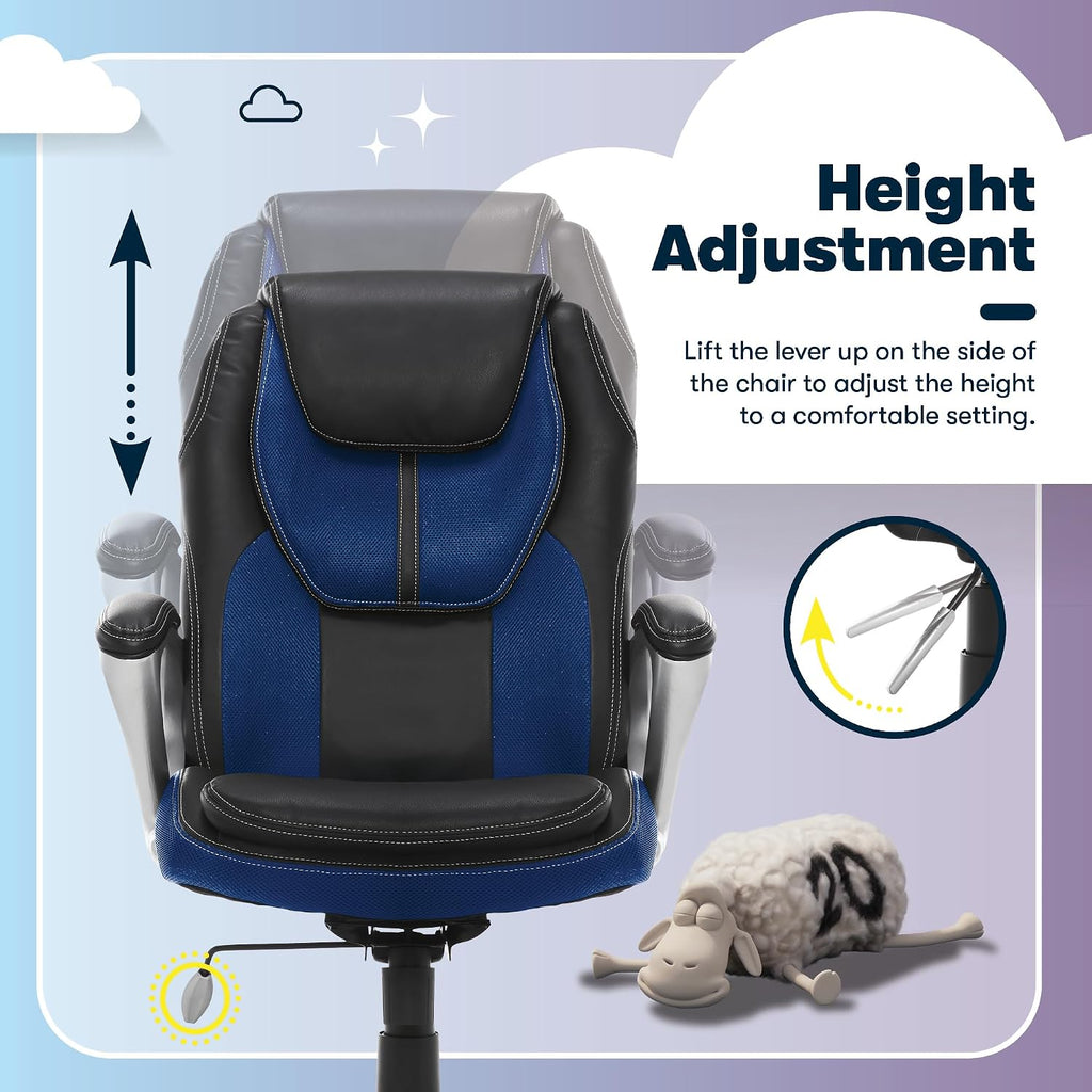 Serta Amplify Executive Office Chair with Faux Leather and Mesh, Adjustable Ergonomic Comfy Seat with Lumbar Support, Modern Computer DeskChairs, Swivel Rolling Wheels, Blue