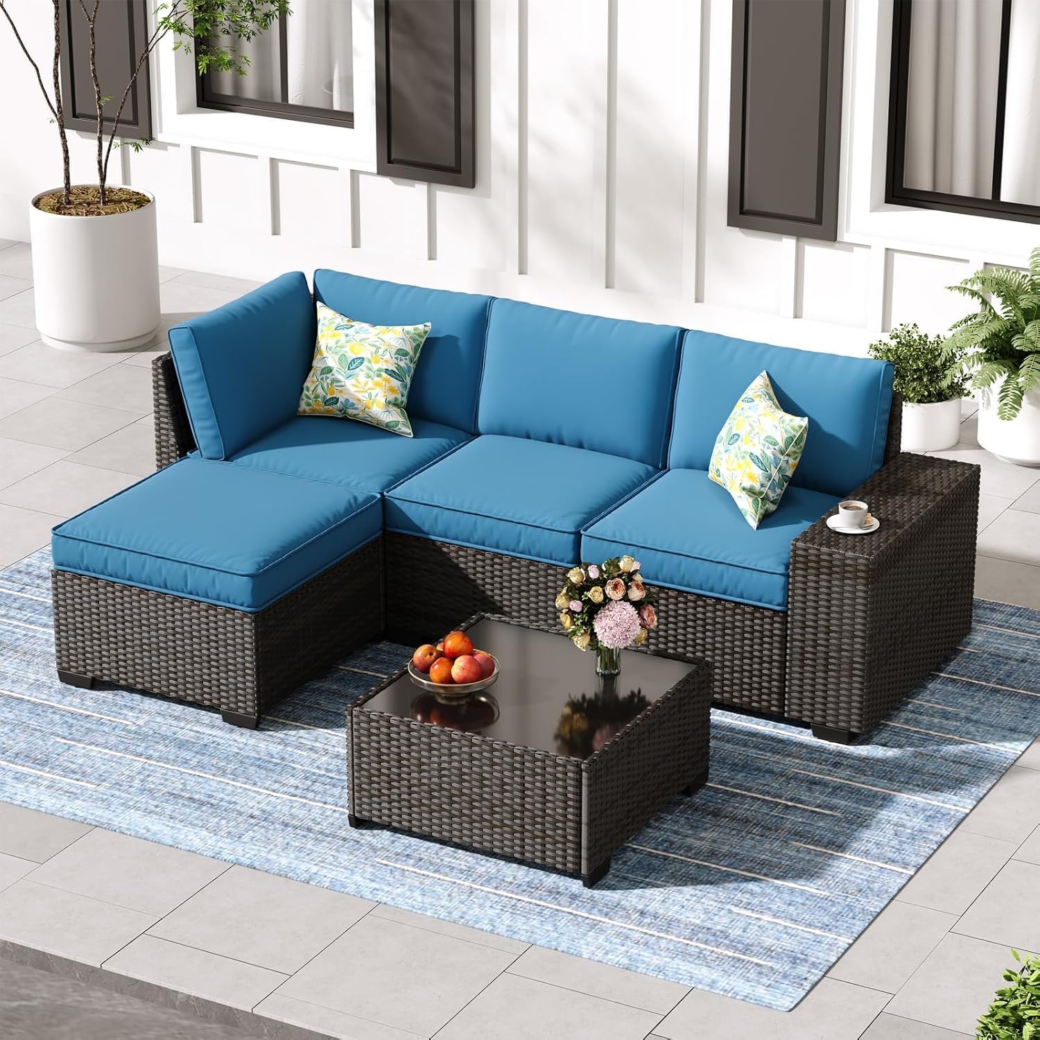 5 Pieces Outdoor Patio Furniture Set, Wicker Conversation Sets with Tea Table, Rattan Patio Sofa with Thick Cushions for Garden, Backyard, Poolside, Party, Peacock