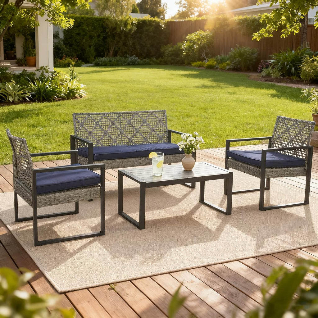 COOS BAY Haven Lounge 4 Piece Rattan Patio Furniture Set, Outdoor Wicker Patio Conversation Set for Balcony & Backyard, Light Gray/Blue