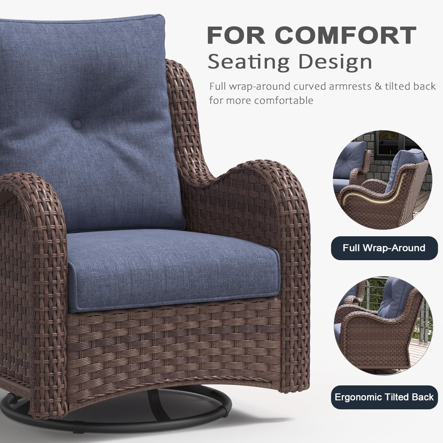 LayinSun 5 Pieces Outdoor Patio Furniture Set with Fire Pit Table, Rattan Wicker Sectional Swivel Rocker Chairs Sets with Swivel Glider Chair and Coffee Table