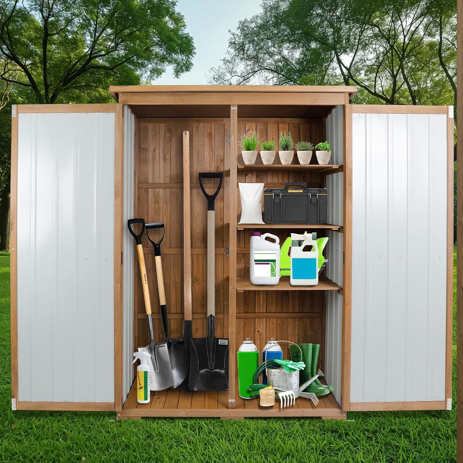 Outdoor Storage Cabinet Wood & Metal with Waterproof Roof, Garden Tool Shed with 4 adjustable reinforced feet with metal brackets, 3 Removable Shelves, 6 T-Hinge, Magnetic door,18.1'D x 49'W x 68.5'H