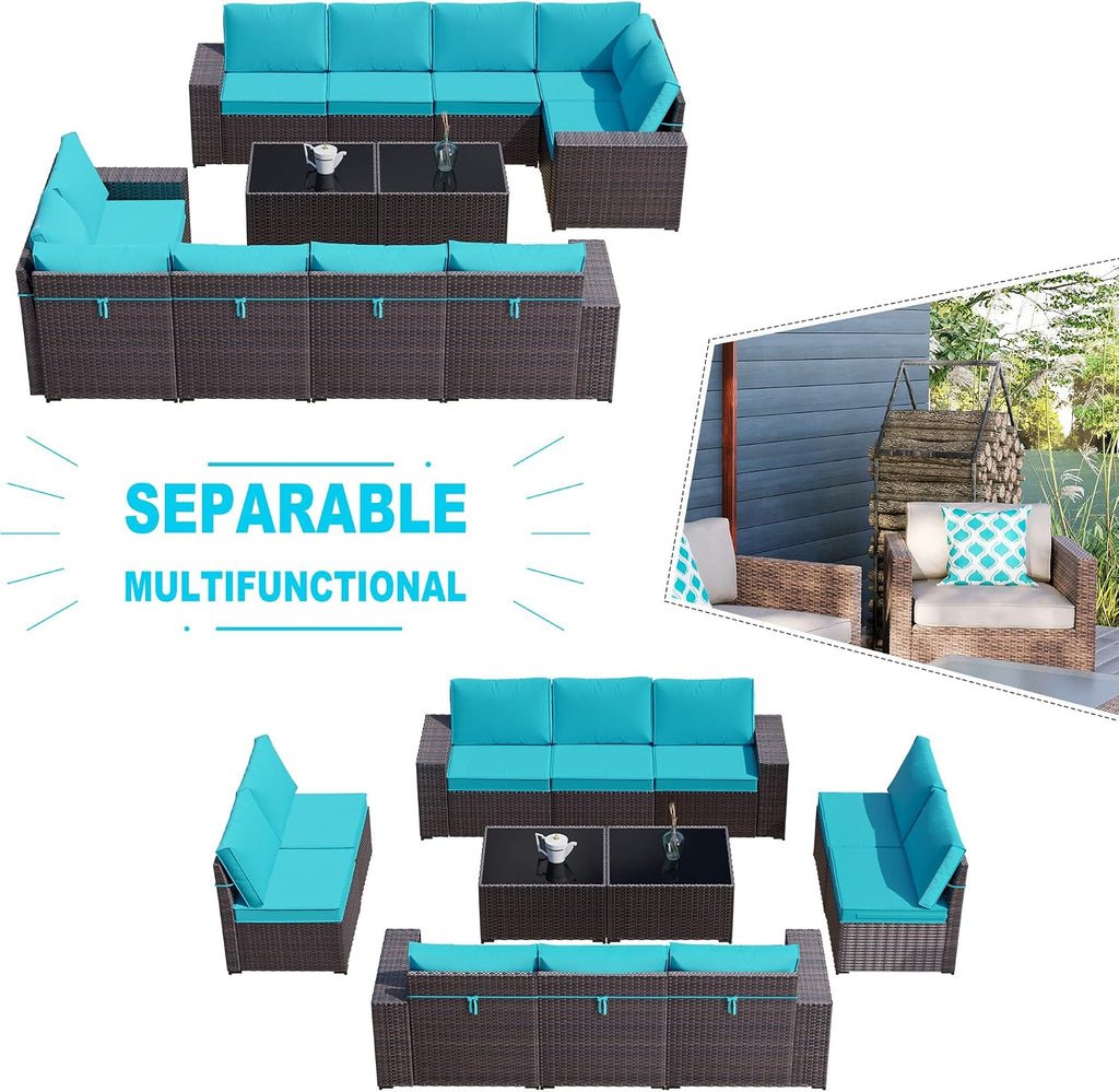 Kullavik Outdoor Patio Furniture Set,12 Pieces Sectional Rattan Sofa Set Brown PE Rattan Wicker Patio Conversation Set with 10 Seat Cushions and 2 Tempered Glass Coffee Table,Turquoise Blue