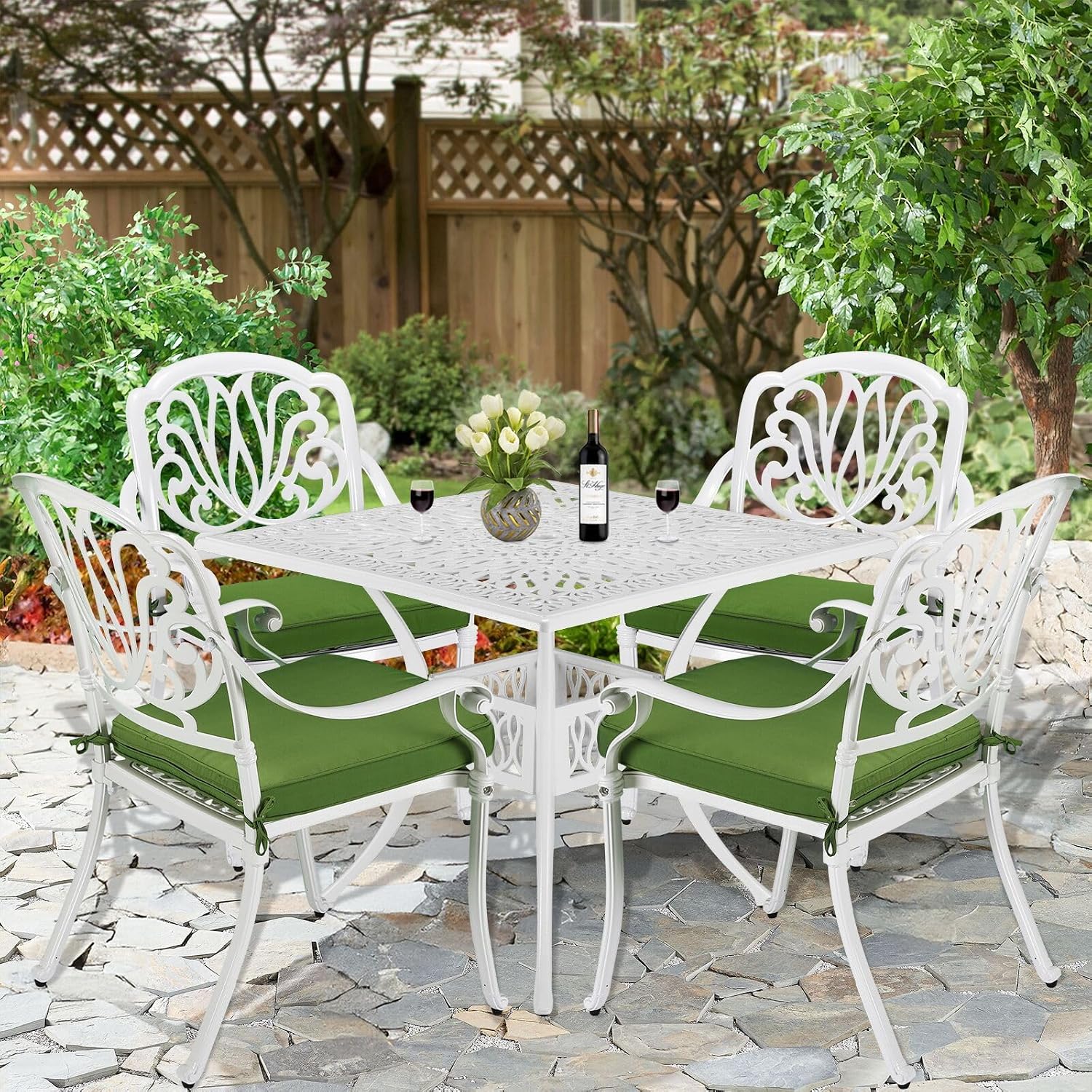 5-Piece Outdoor Patio Dining Set, All-Weather Cast Aluminum Patio Furniture Set for Backyard Garden Deck with 4 Chairs, 4 Cushions and 35.4' Square Table, 2.2' Umbrella Hole, White