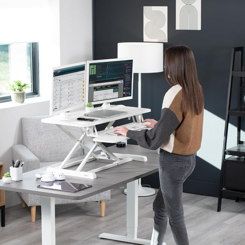 VIVO 38 inch Desk Converter, K Series, Height Adjustable Sit to Stand Riser, Dual Monitor and Laptop Workstation with Wide Keyboard Tray, White, DESK-V037KW