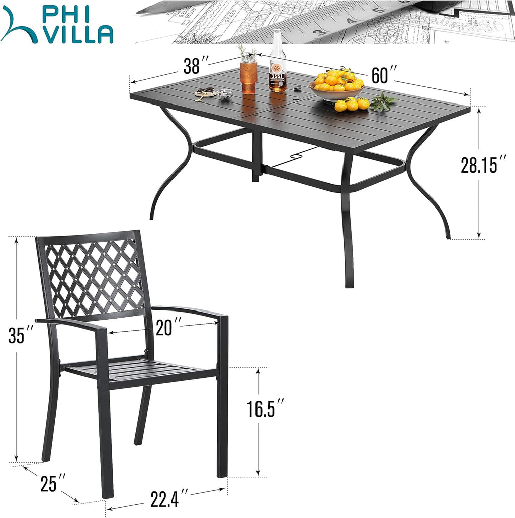 PHI VILLA 7 Pieces Outdoor Dining Set for 6, 60' Rectangular Metal Table with Umbrella Hole & Stackable Black Wrought Iron Chairs, Large Outside Furniture for Patio, Deck, Backyard, Porch